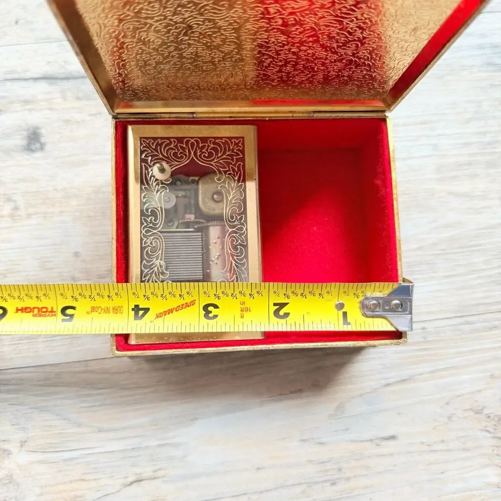 Vintage Jewelry Box Music Brass Floral Embroidered Sankyo Gold Tone Red Velvet